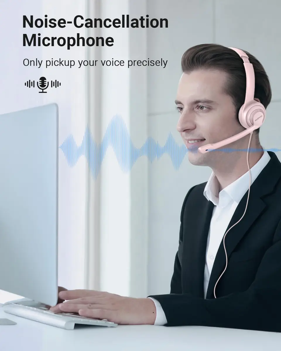 NUBWO HW02 USB Headset with Microphone Noise Cancelling & in-line Control | Ultra Comfort Wired Office Headphones (Pink) - view 2