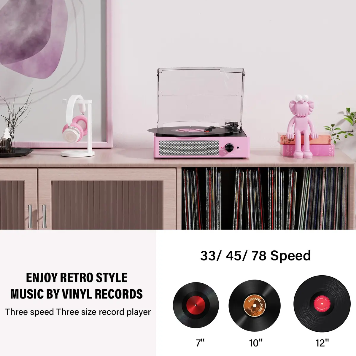 cotsoco Vinyl Record Player with 2 Stereo Speakers 3 Speed Wireless Bluetooth Pink | Retro Turntable - view 4