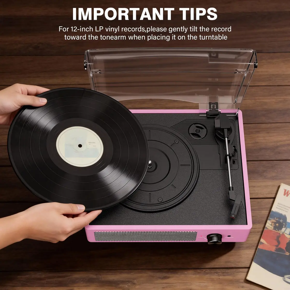 cotsoco Vinyl Record Player with 2 Stereo Speakers 3 Speed Wireless Bluetooth Pink | Retro Turntable - view 5