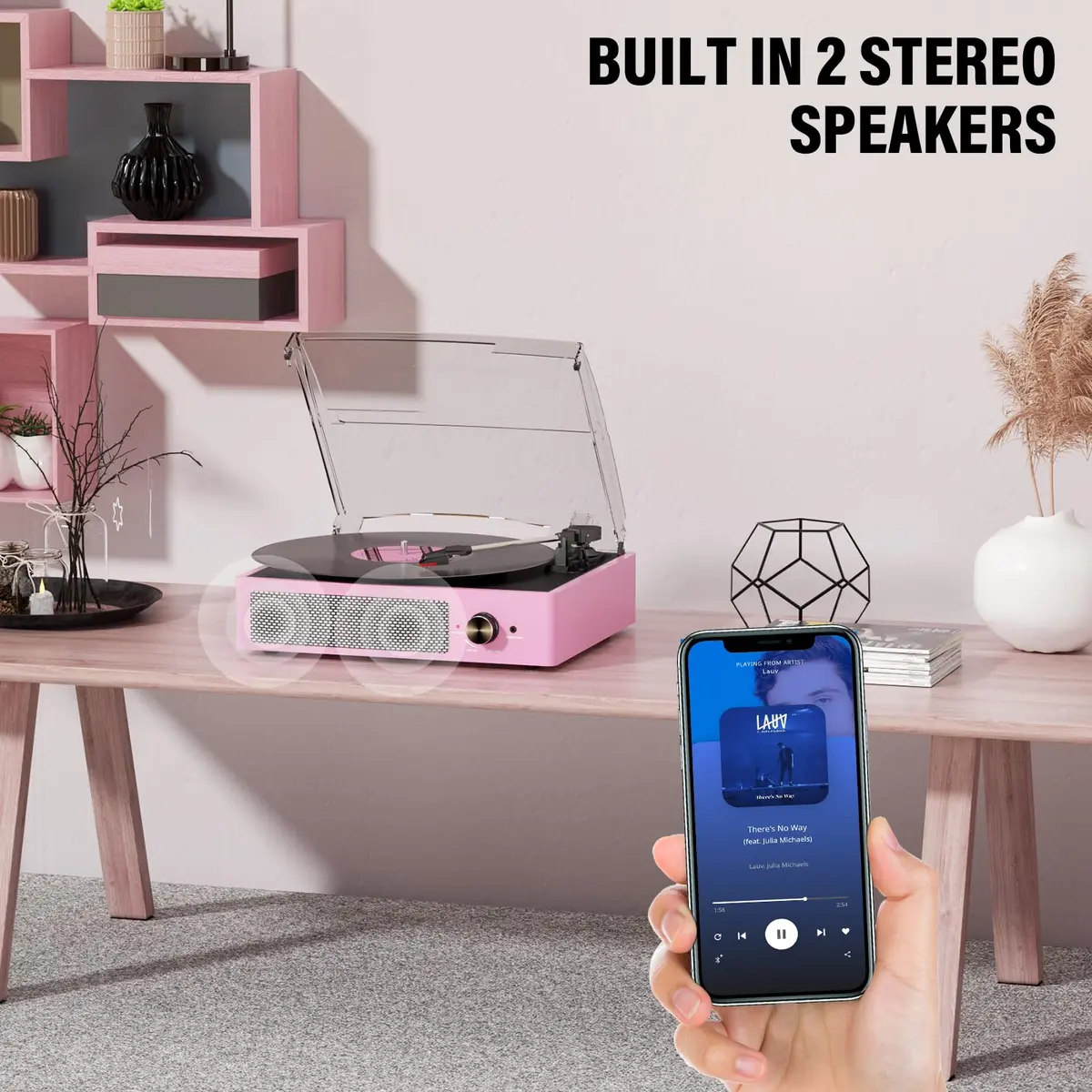 cotsoco Vinyl Record Player with 2 Stereo Speakers 3 Speed Wireless Bluetooth Pink | Retro Turntable - view 6