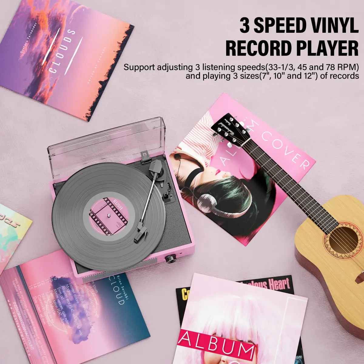 cotsoco Vinyl Record Player with 2 Stereo Speakers 3 Speed Wireless Bluetooth Pink | Retro Turntable - view 7