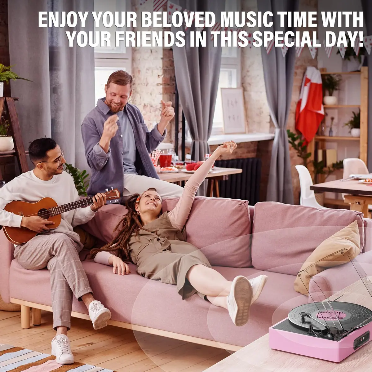 cotsoco Vinyl Record Player with 2 Stereo Speakers 3 Speed Wireless Bluetooth Pink | Retro Turntable - view 8