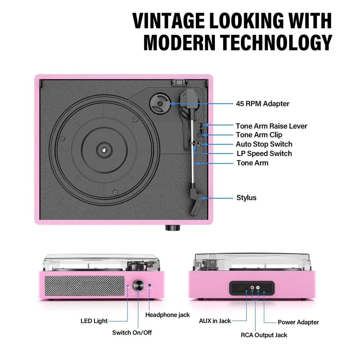 cotsoco Vinyl Record Player with 2 Stereo Speakers 3 Speed Wireless Bluetooth Pink | Retro Turntable - view 2