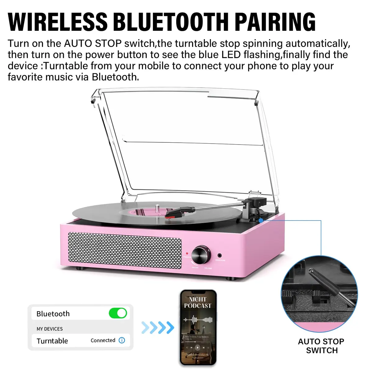 cotsoco Vinyl Record Player with 2 Stereo Speakers 3 Speed Wireless Bluetooth Pink | Retro Turntable - view 3