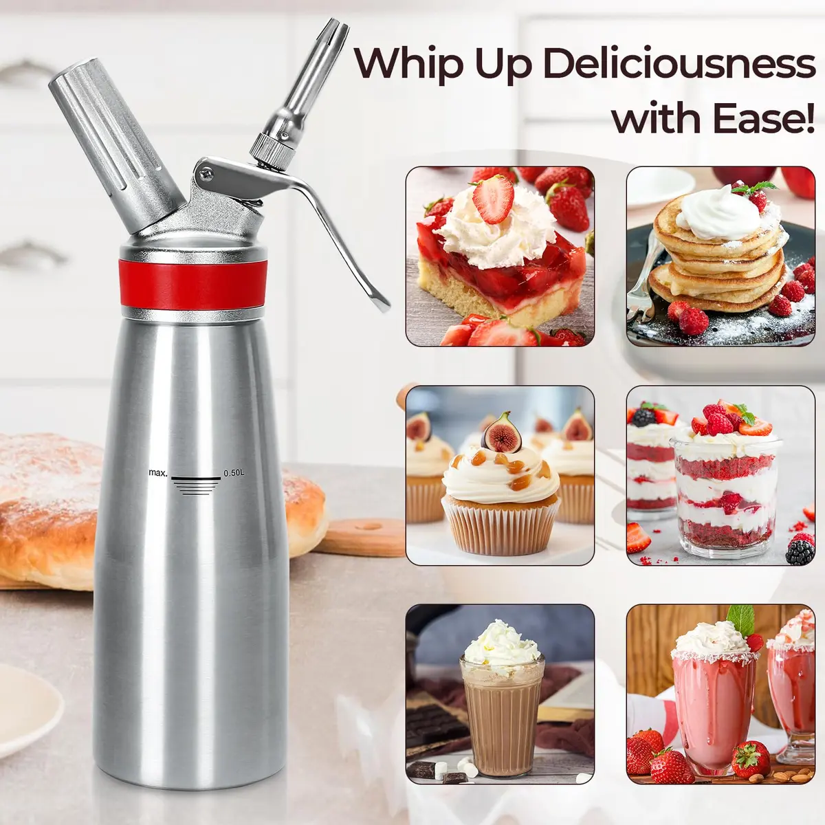 Ajimy Whipped Cream Dispenser 500ml Aluminum | Professional Kitchen Tool for Fluffy Desserts - view 2