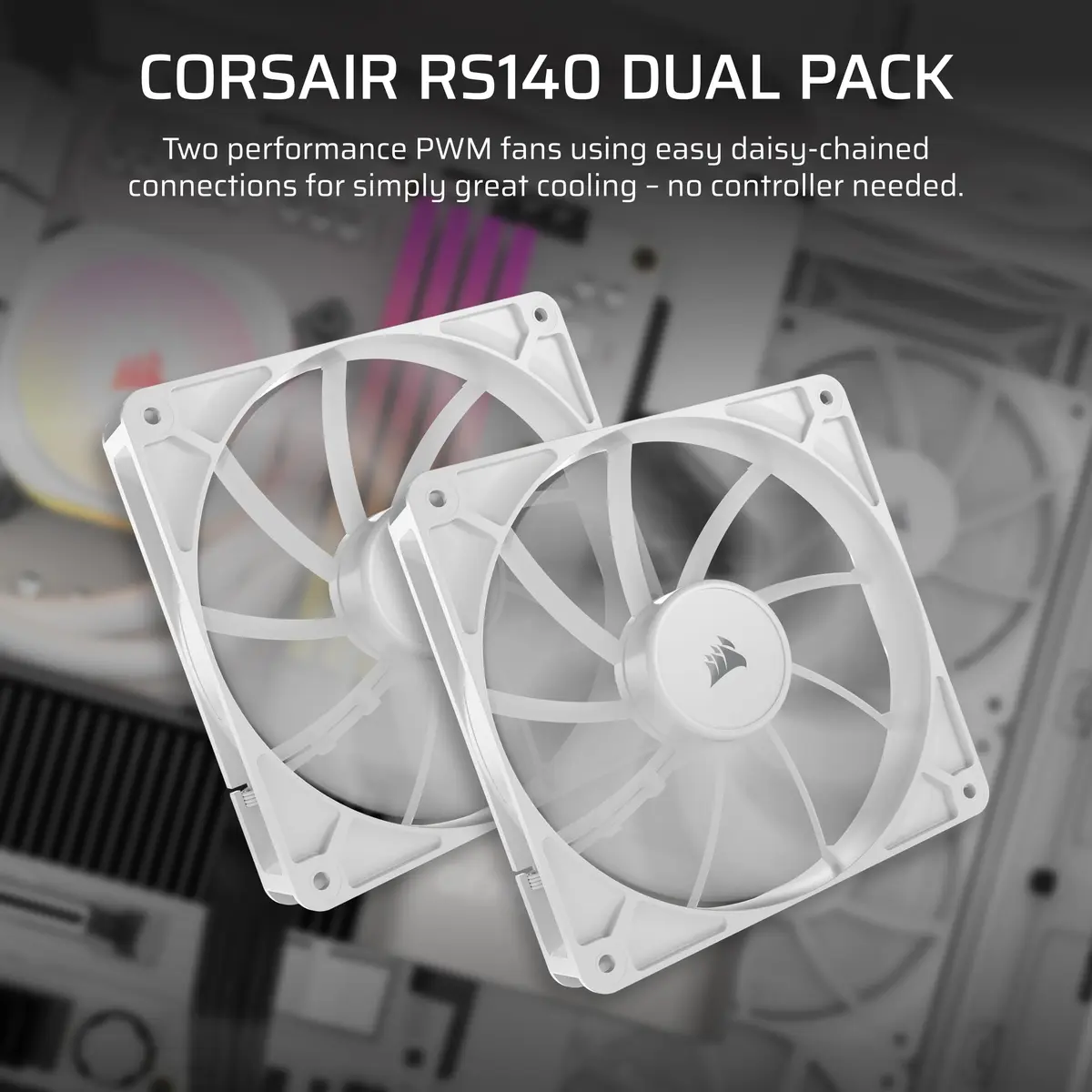 Corsair RS140 140mm PWM Fans Dual Pack | Low-Noise Magnetic Dome Bearings, Daisy-Chain Connection, White - view 2