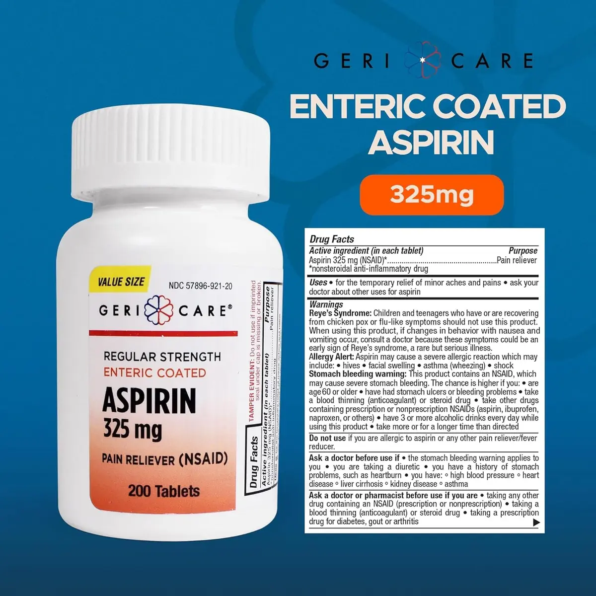 GeriCare Aspirin Tablets 325mg | Enteric Coated Pain & Fever Relief for Adults - view 3