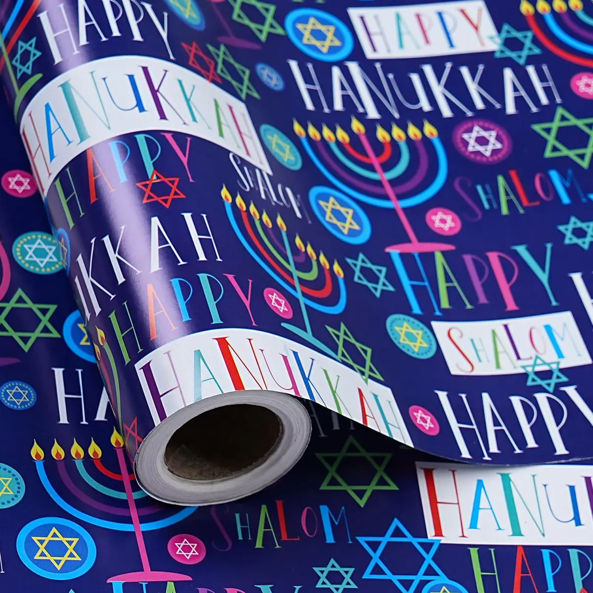 LeZakaa Hanukkah Wrapping Paper Roll, Colorful 'Happy Hanukkah' Lettering, Star of David, Candles, 17 inches x 32.8 feet | Festive Hanukkah Design - main product image