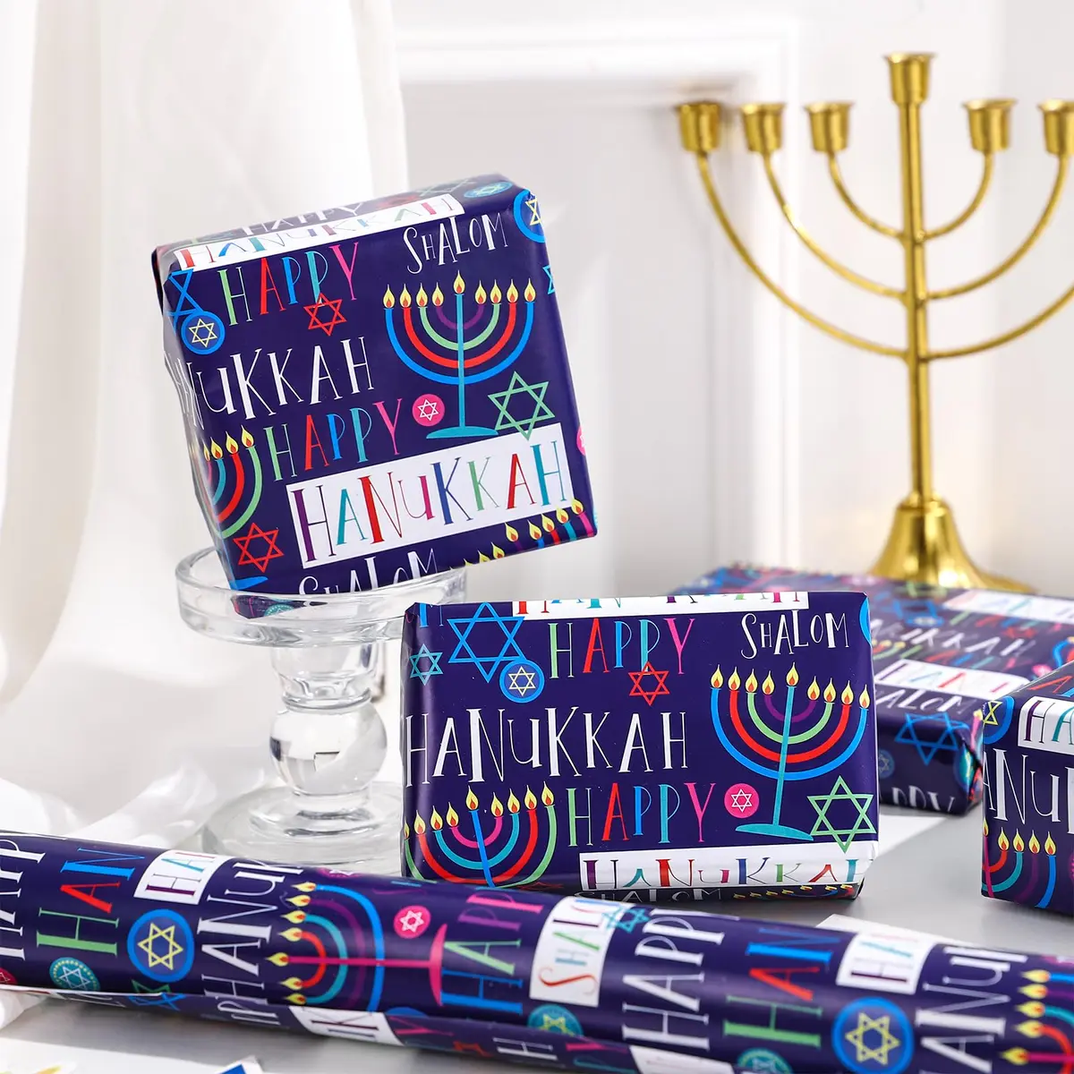LeZakaa Hanukkah Wrapping Paper Roll, Colorful 'Happy Hanukkah' Lettering, Star of David, Candles, 17 inches x 32.8 feet | Festive Hanukkah Design - view 5