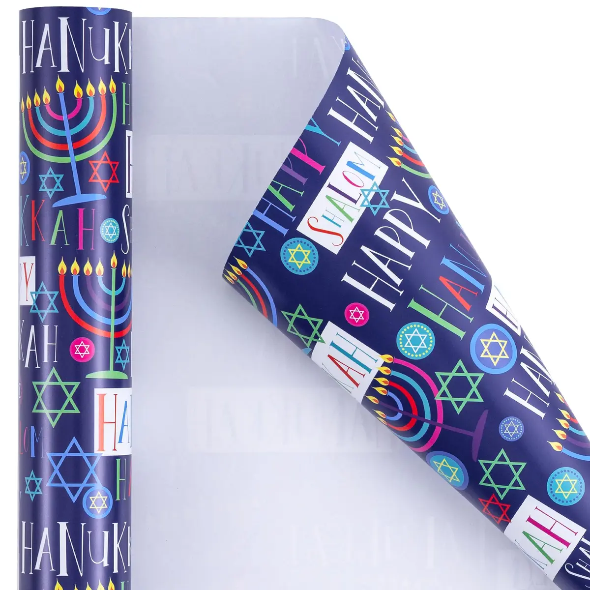 LeZakaa Hanukkah Wrapping Paper Roll, Colorful 'Happy Hanukkah' Lettering, Star of David, Candles, 17 inches x 32.8 feet | Festive Hanukkah Design - view 6