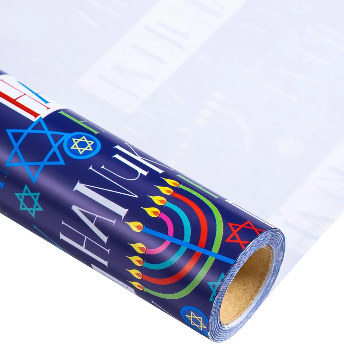 LeZakaa Hanukkah Wrapping Paper Roll, Colorful 'Happy Hanukkah' Lettering, Star of David, Candles, 17 inches x 32.8 feet | Festive Hanukkah Design - view 9