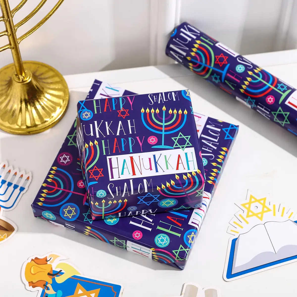 LeZakaa Hanukkah Wrapping Paper Roll, Colorful 'Happy Hanukkah' Lettering, Star of David, Candles, 17 inches x 32.8 feet | Festive Hanukkah Design - view 4