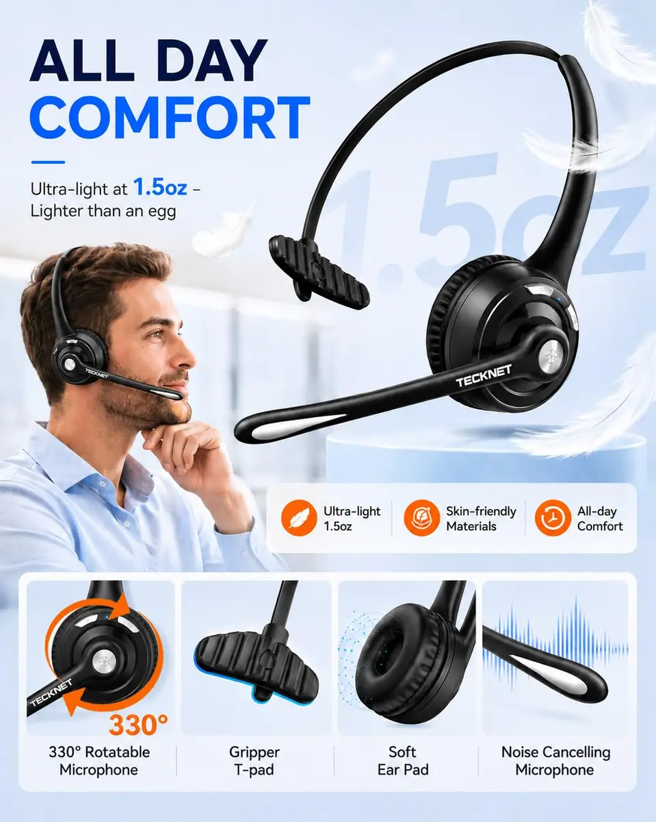TECKNET Wireless Headset with Noise Cancelling Mic & USB Dongle | 20-Hour Battery Life - view 6
