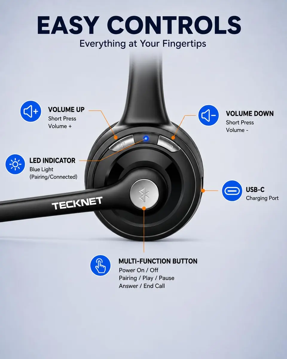 TECKNET Wireless Headset with Noise Cancelling Mic & USB Dongle | 20-Hour Battery Life - view 3