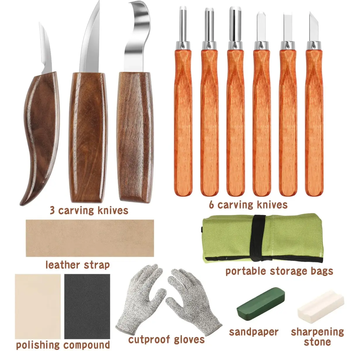 AUGSUN 17Pcs Wood Whittling Carving Tools for Beginners | Carbon Steel Blades, Ergonomic Handles, Cut-Proof Gloves Included - view 2