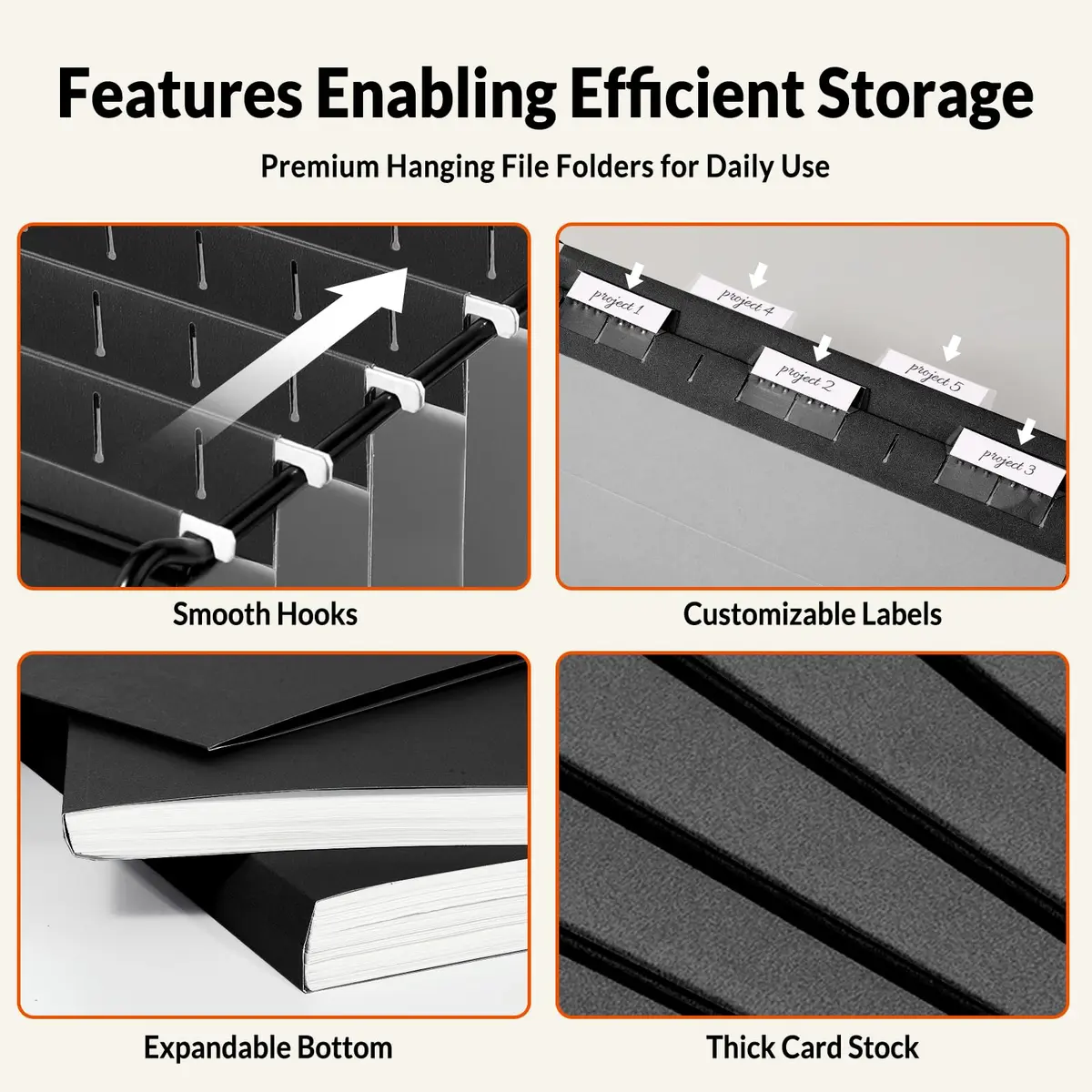 SUNEE Legal Size Hanging File Folders 25 Pack | Durable, Black, 1/5-Cut Tabs for Office & Home - view 4