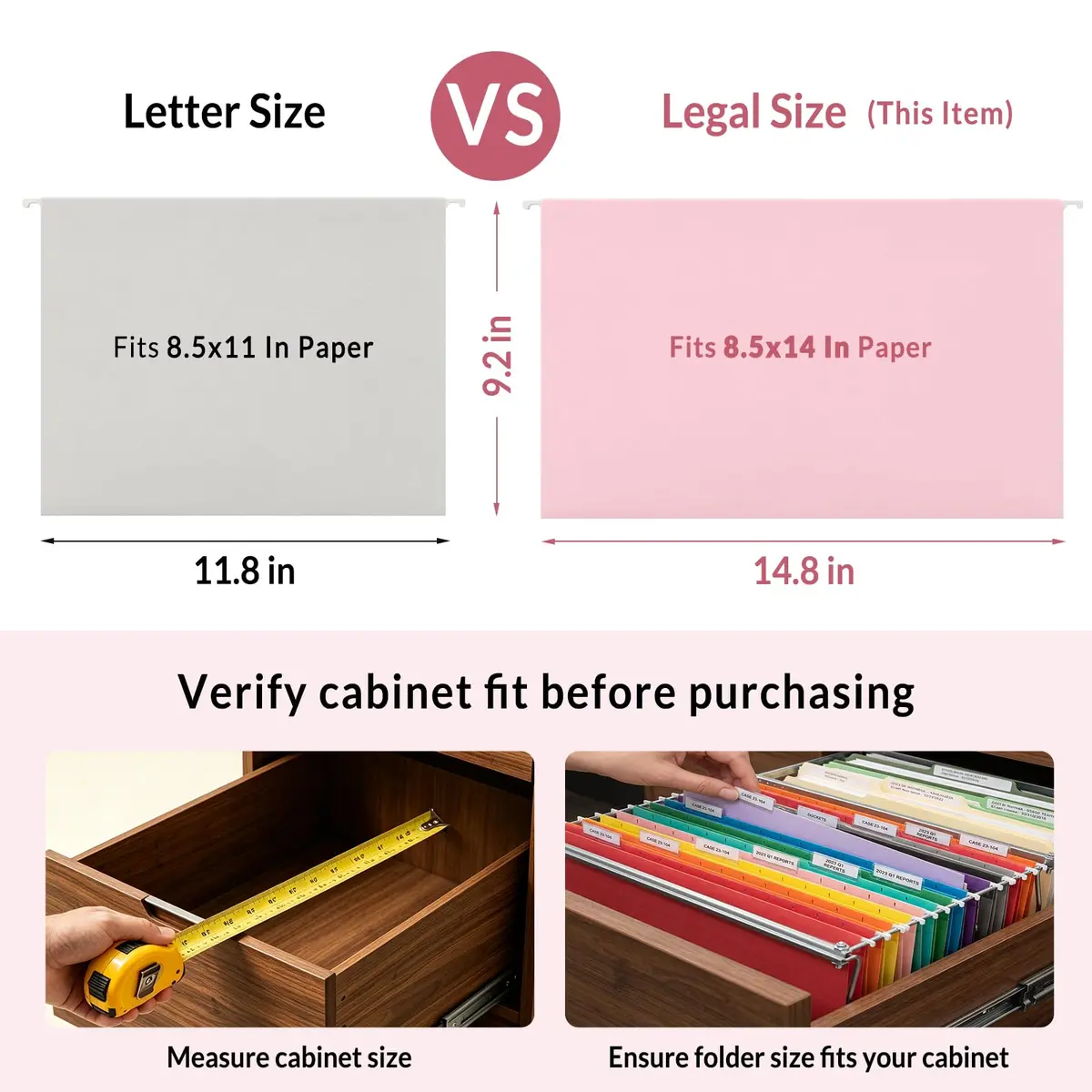 SUNEE Legal Size Hanging File Folders 9.2"x14.8" Pink 25 Pack 1/5-Cut Tabs | Stay Organized for Home and Office - view 6