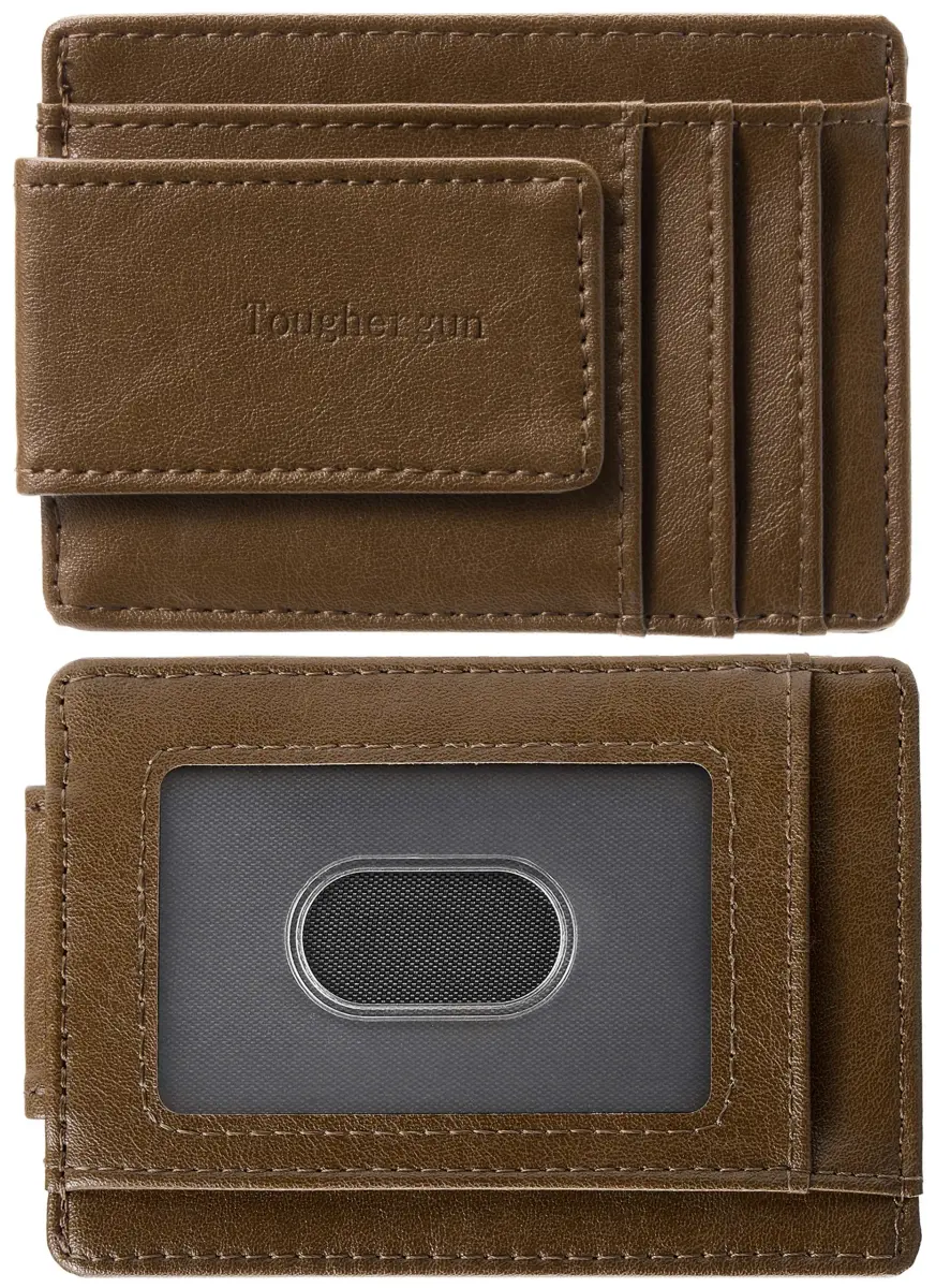 Toughergun Slim Wallet for Men RFID Blocking Money Clip, Minimalist Front Pocket Credit Card Holder, Magnetic Thin Mens Wallets with ID Window (Wax Brown) - main product image