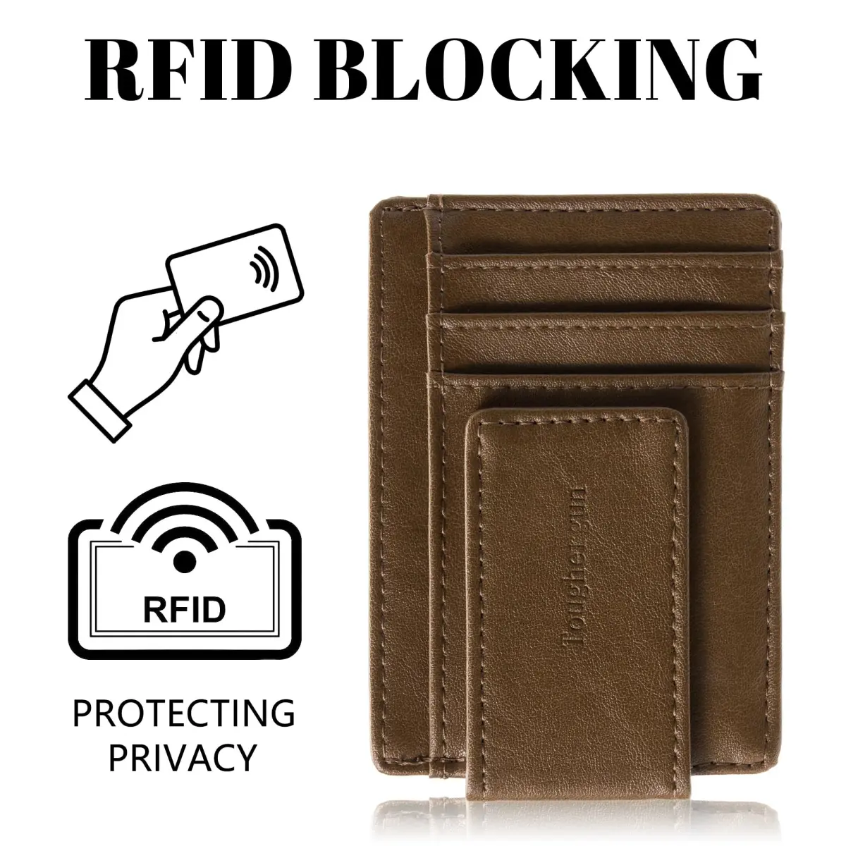 Toughergun Slim Wallet for Men RFID Blocking Money Clip, Minimalist Front Pocket Credit Card Holder, Magnetic Thin Mens Wallets with ID Window (Wax Brown) - view 6