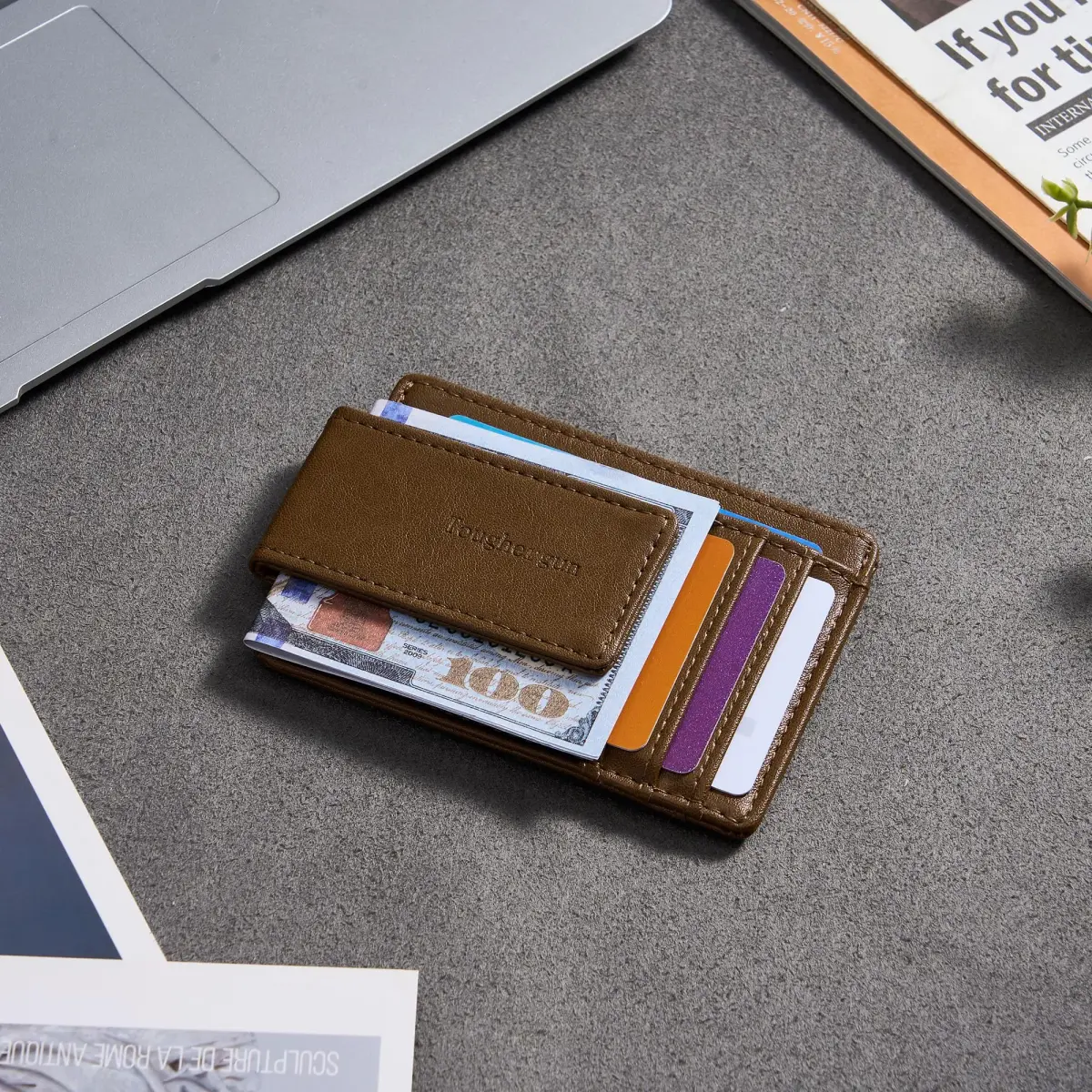 Toughergun Slim Wallet for Men RFID Blocking Money Clip, Minimalist Front Pocket Credit Card Holder, Magnetic Thin Mens Wallets with ID Window (Wax Brown) - view 3