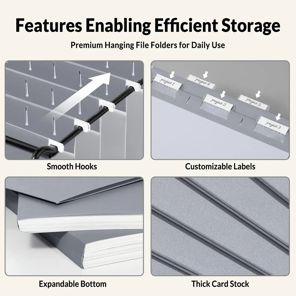 SUNEE Legal Size Hanging File Folders (9.2"x14.8") | 25 Pack, Gray, 1/5-Cut Tabs, Durable Office & Home Organization - view 4
