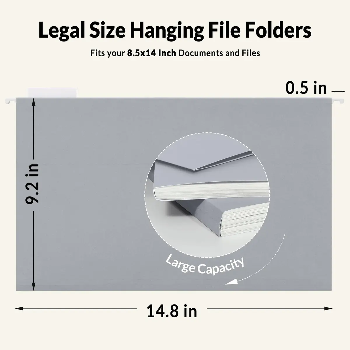 SUNEE Legal Size Hanging File Folders (9.2"x14.8") | 25 Pack, Gray, 1/5-Cut Tabs, Durable Office & Home Organization - view 2