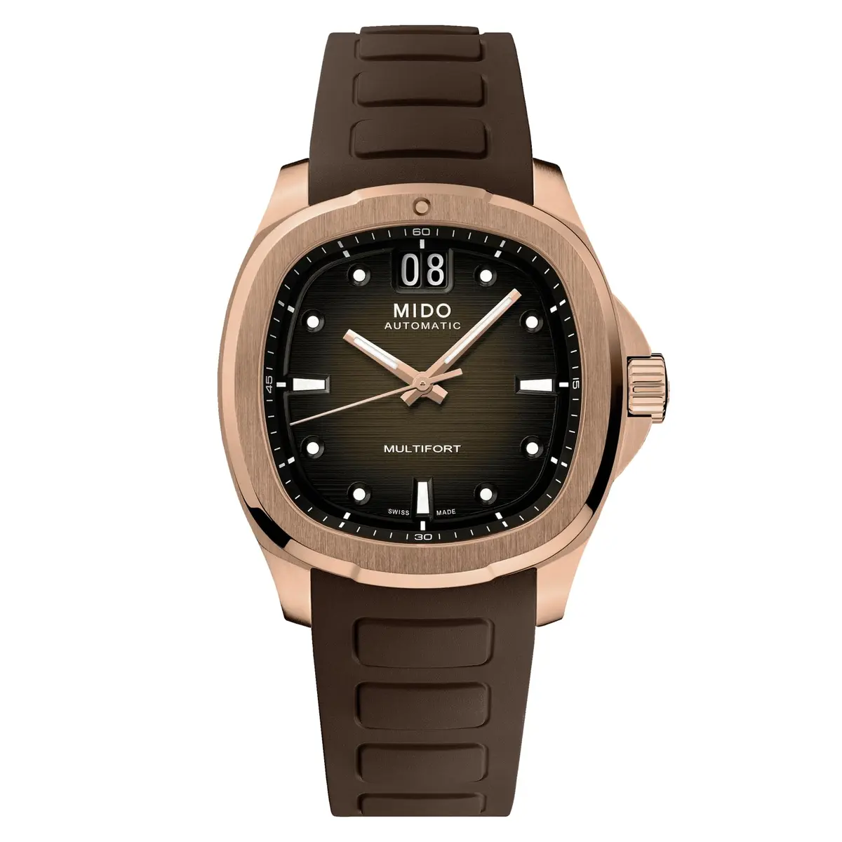 MIDO Multifort TV Big Date Swiss Automatic Watch for Men 40mm Case Brown Dial Brown Rubber Strap - main product image