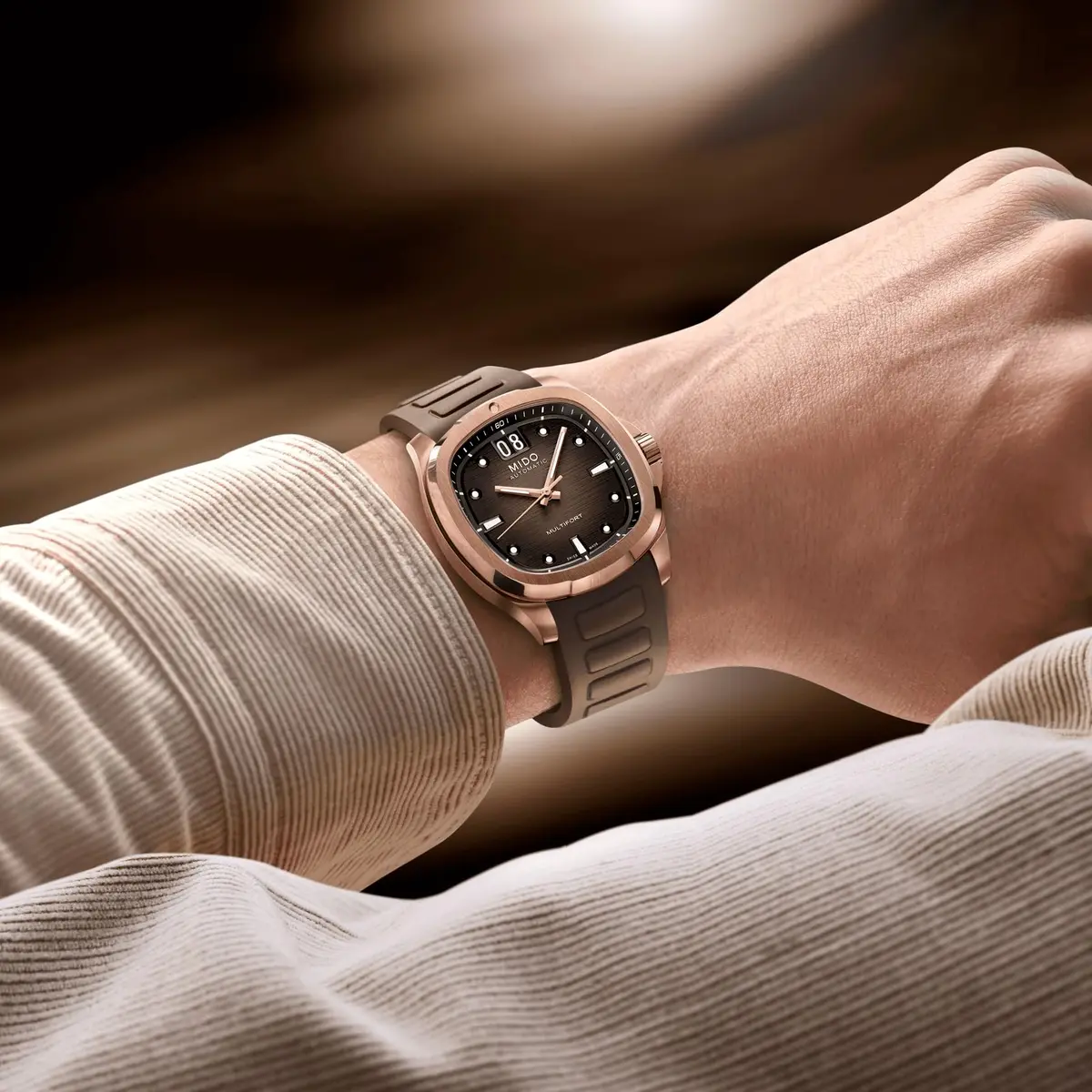 MIDO Multifort TV Big Date Swiss Automatic Watch for Men 40mm Case Brown Dial Brown Rubber Strap - view 2