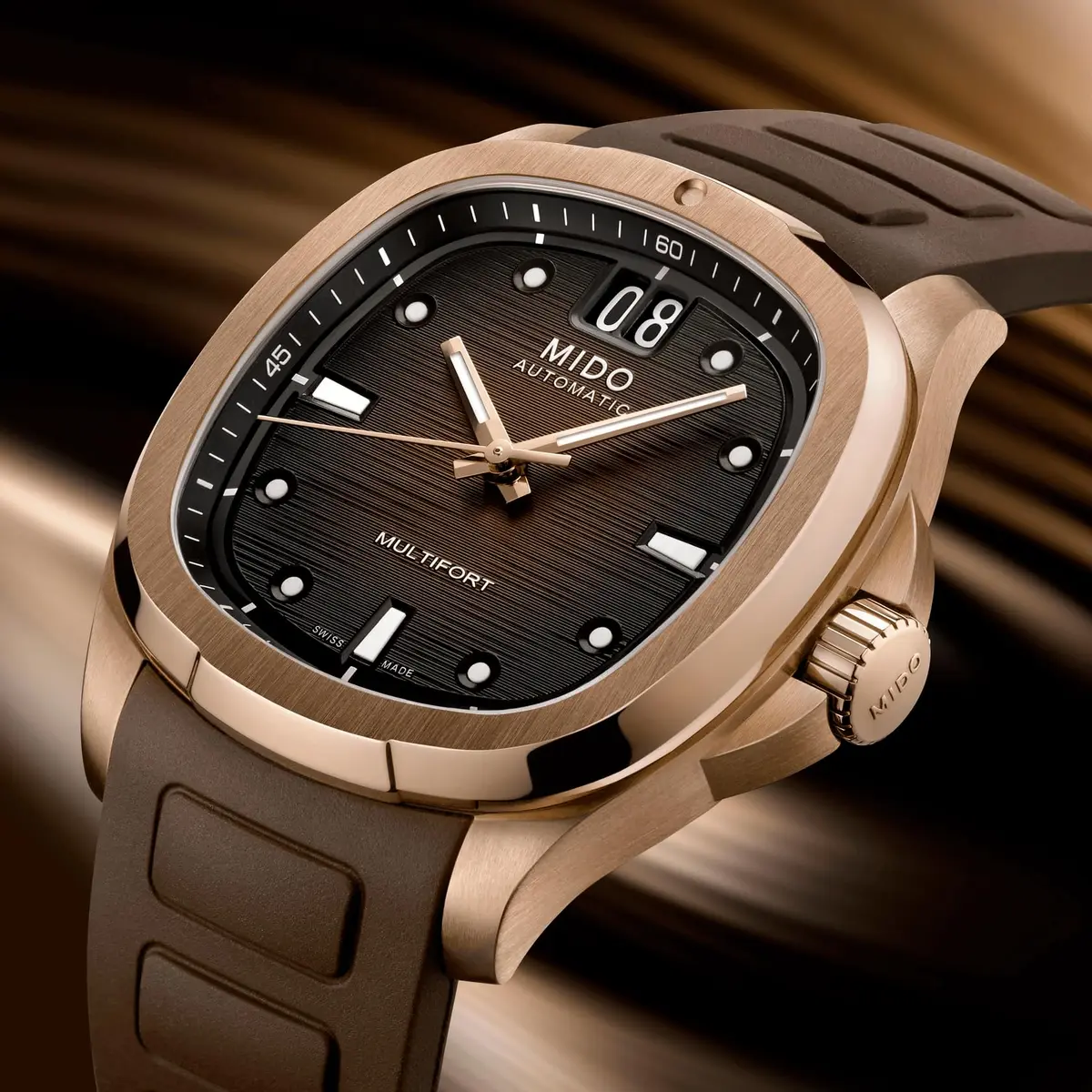 MIDO Multifort TV Big Date Swiss Automatic Watch for Men 40mm Case Brown Dial Brown Rubber Strap - view 3