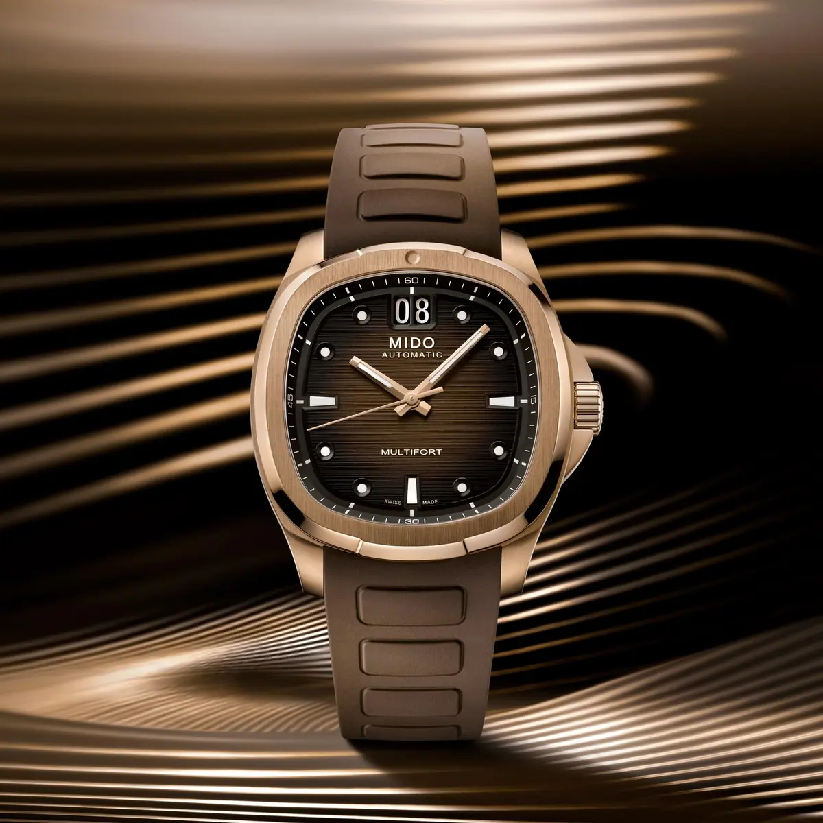 MIDO Multifort TV Big Date Swiss Automatic Watch for Men 40mm Case Brown Dial Brown Rubber Strap - view 4