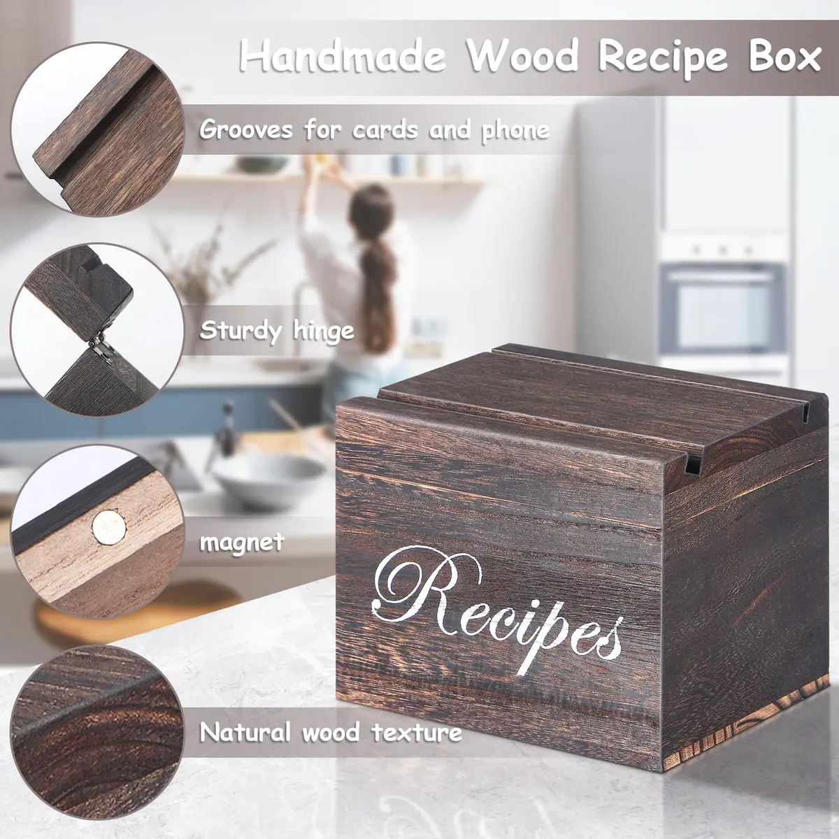 BELO VALE Recipe Box, Wooden Organizer with 61 Recipe Cards | Rustic Kitchen Storage for Home & Gift (120 chars) - view 4