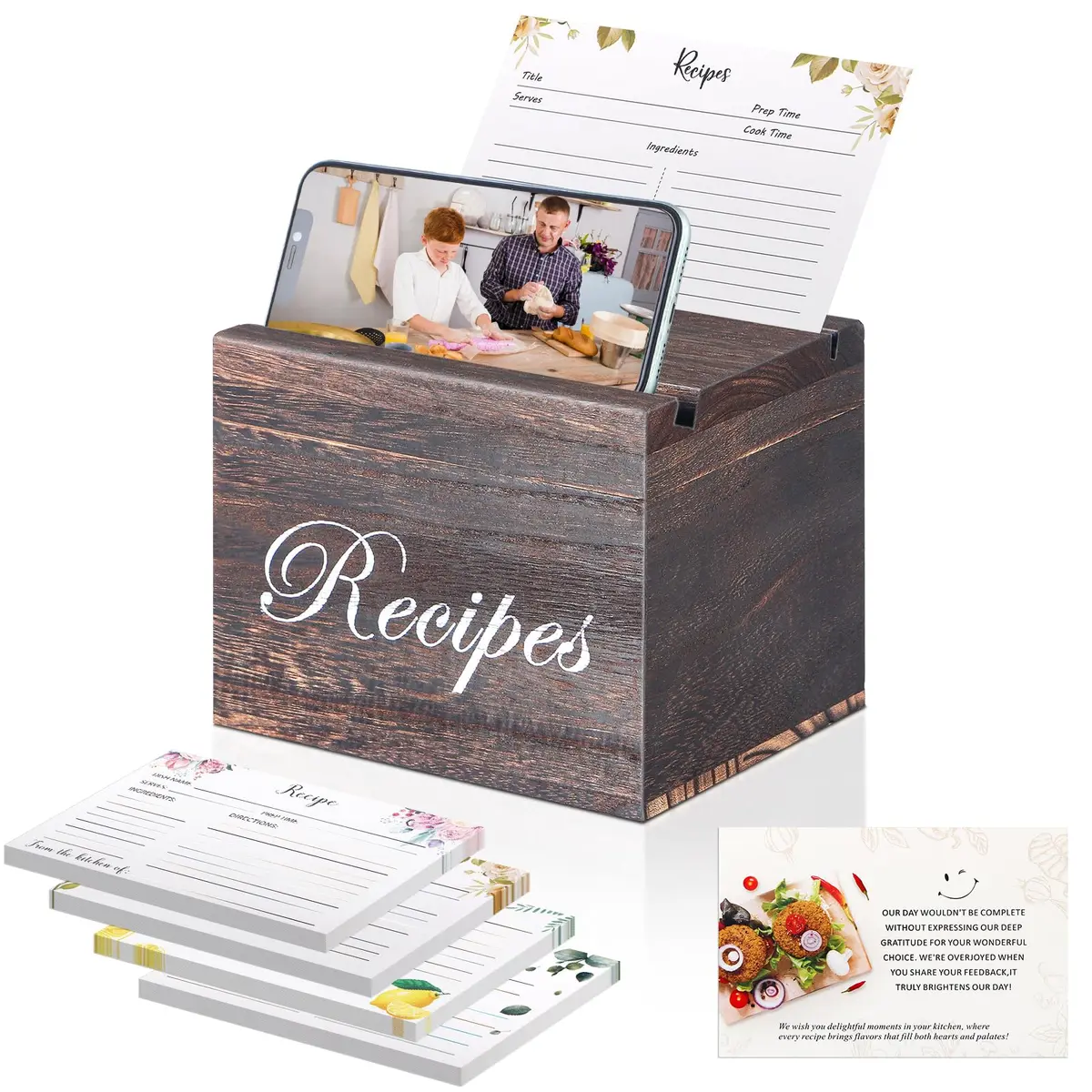 BELO VALE Recipe Box, Wooden Organizer with 61 Recipe Cards | Rustic Kitchen Storage for Home & Gift (120 chars) - main product image