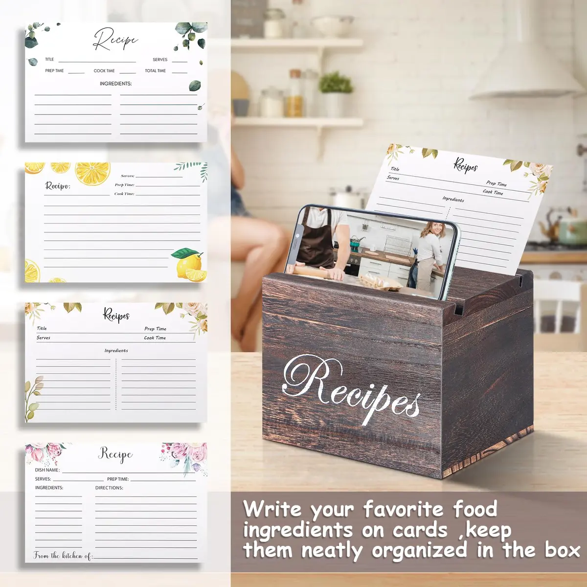 BELO VALE Recipe Box, Wooden Organizer with 61 Recipe Cards | Rustic Kitchen Storage for Home & Gift (120 chars) - view 2