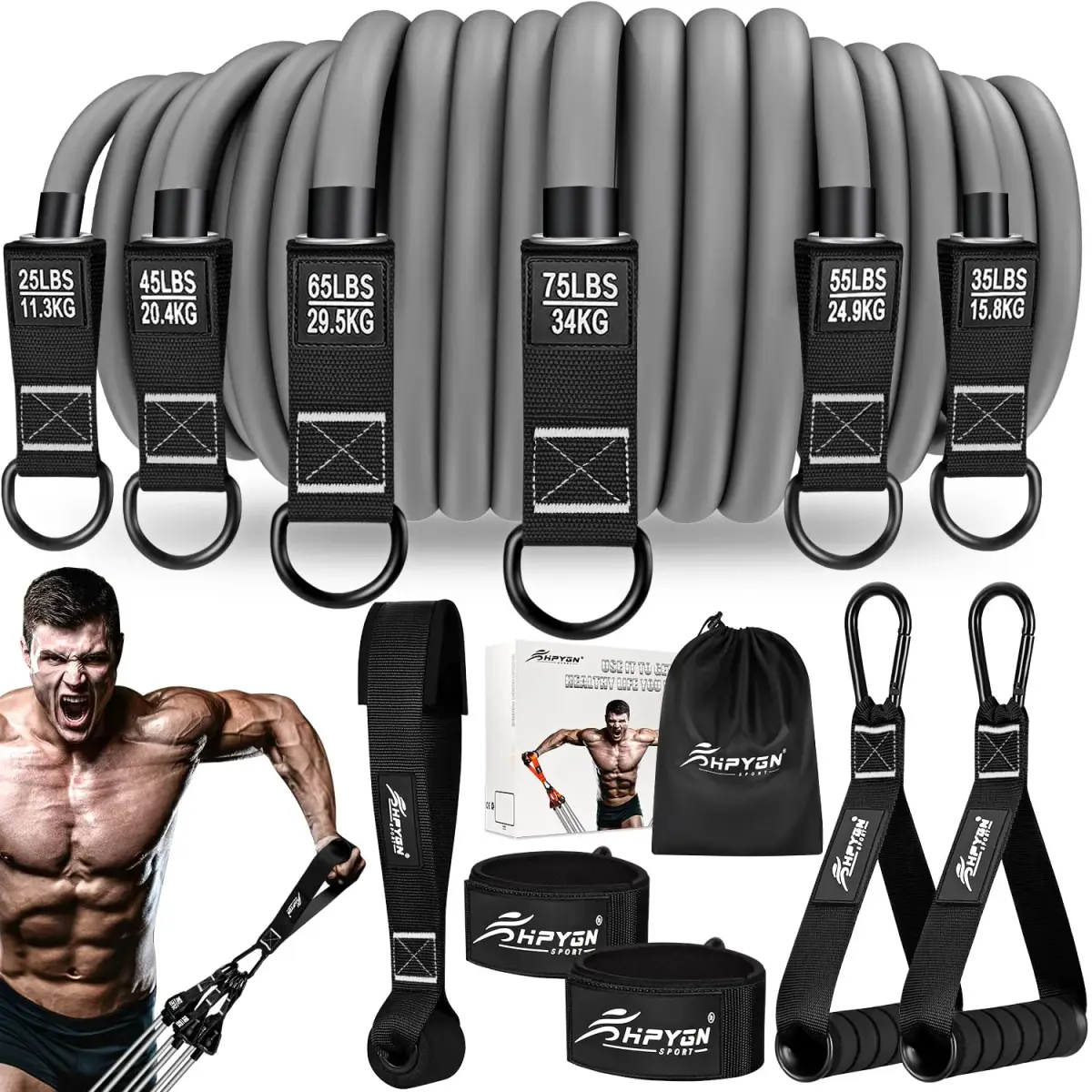 HPYGN 420lbs Heavy Resistance Bands Set with Handles, Door Anchor & Ankle Straps | 2.15 kg (4.74 lb) Total Resistance - main product image