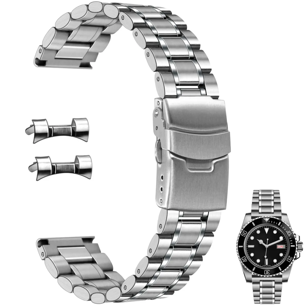 Juntan 20mm Stainless Steel Watch Band Silver | Quick Release Metal Bracelet with Double Folding Buckle - main product image