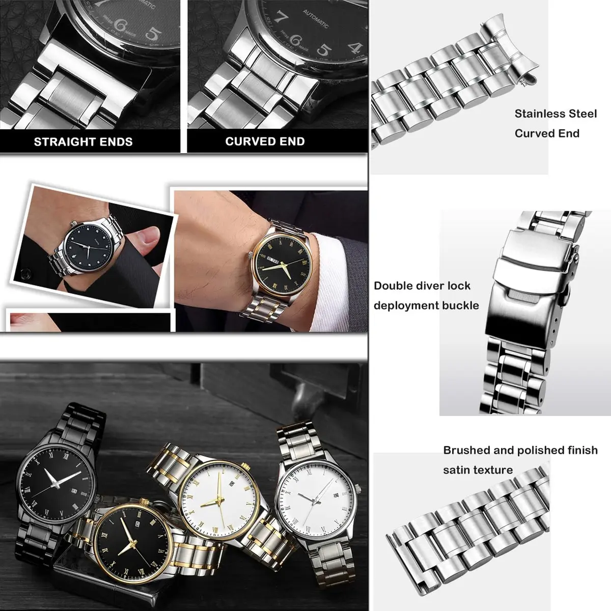 Juntan 20mm Stainless Steel Watch Band Silver | Quick Release Metal Bracelet with Double Folding Buckle - view 8