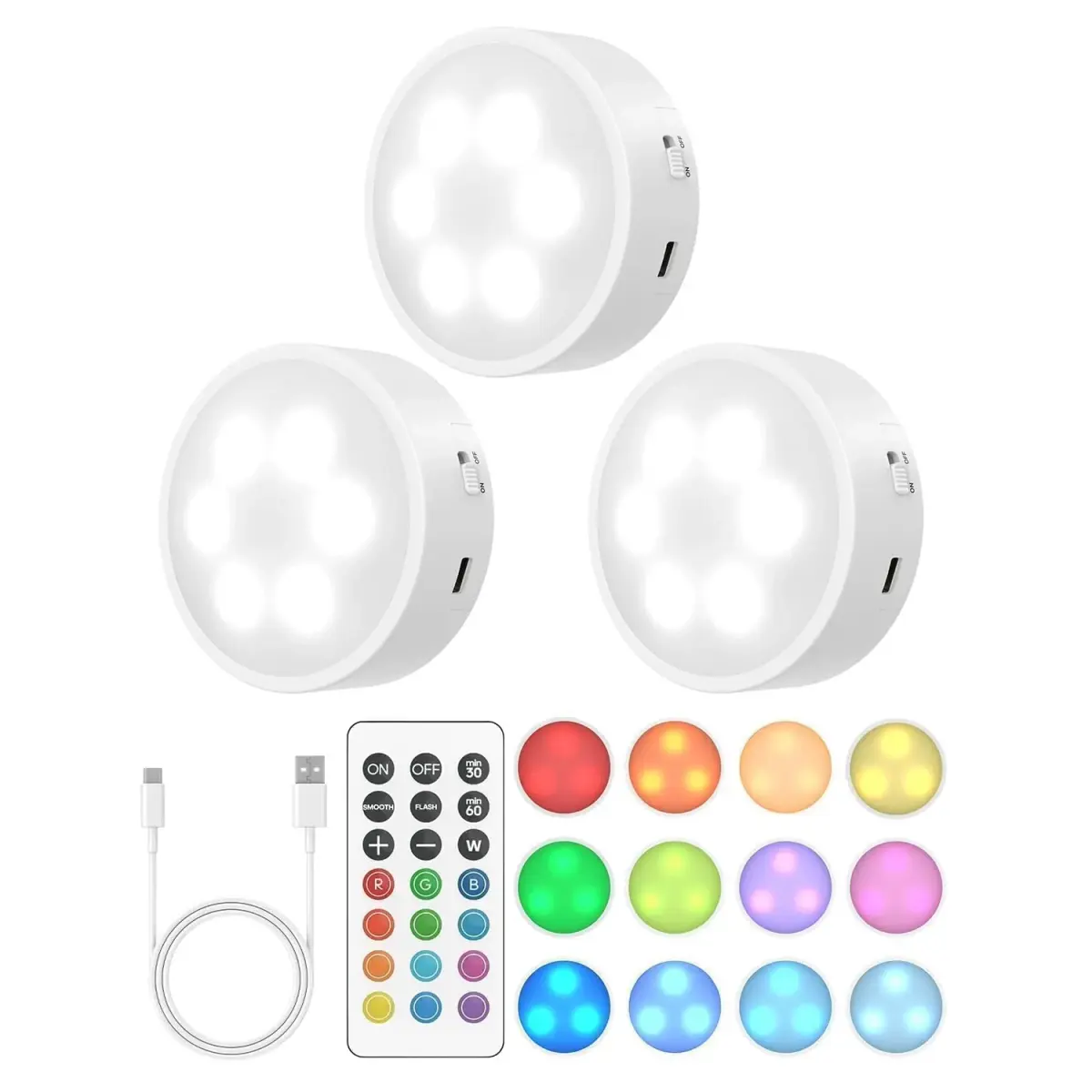 GOODEA.fun Rechargeable Puck Lights with Remote, 13 RGB Colors, 3 Pack | Modern LED Tap Lights for Cabinets & Shelves - main product image