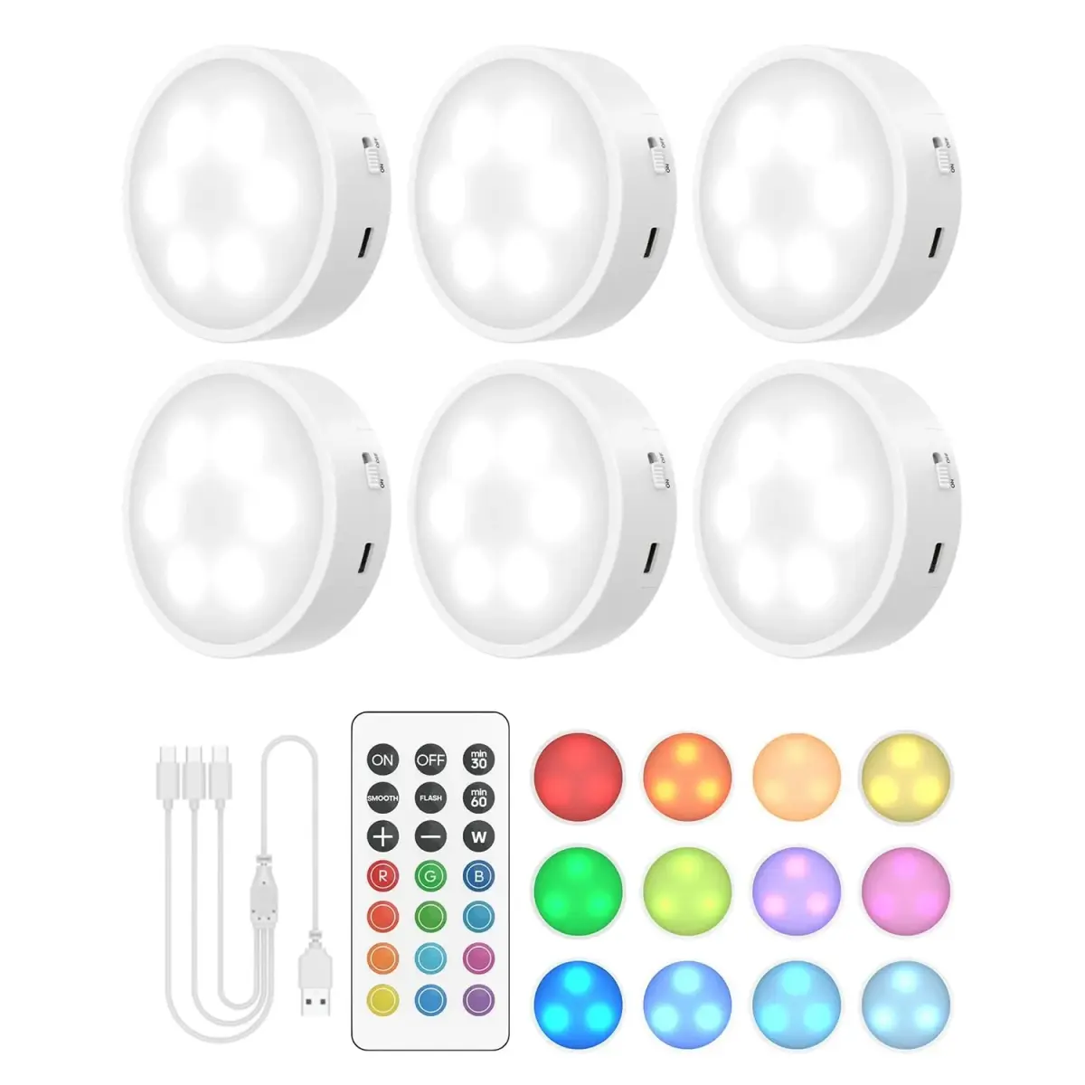 GOODEA.fun Rechargeable Puck Lights with Remote, 6 Pack White & 13 RGB Colors, 8.5cm (3.3in) Diameter - main product image