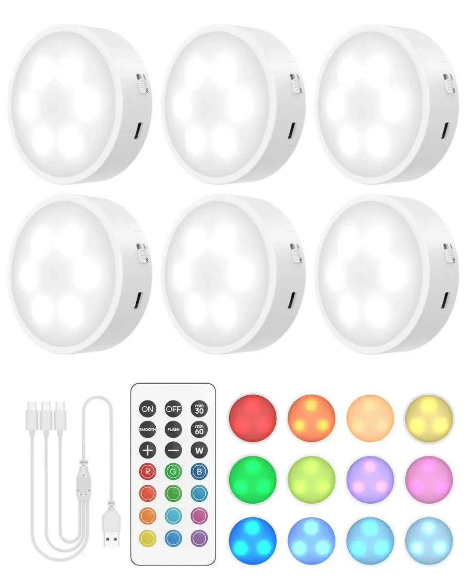 GOODEA.fun Rechargeable Puck Lights with Remote, 6 Pack White & 13 RGB Colors, 8.5cm (3.3in) Diameter - main product image