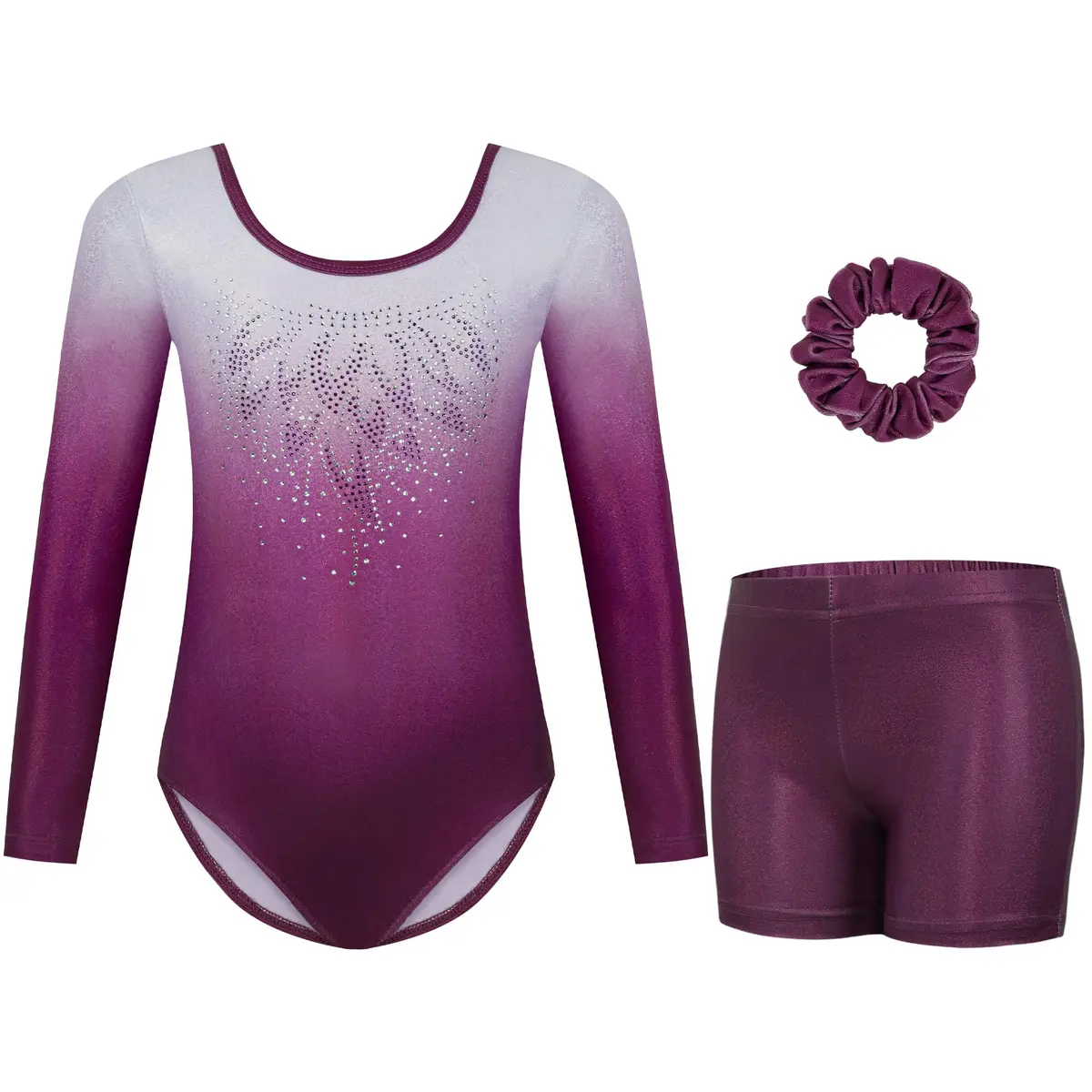 Gogokids Girls Long Sleeve Gymnastics Leotard Set with Shorts & Hairband, 8-9 Years (Purple) - main product image