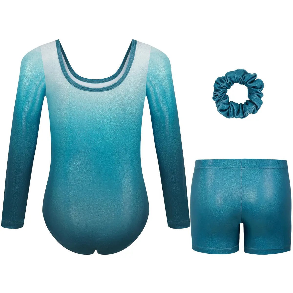 Gogokids Girls Long Sleeve Gymnastics Leotard Set with Shorts & Scrunchie, Green, 11-12 Years | Sparkle Rhinestone Dance Outfit - view 2