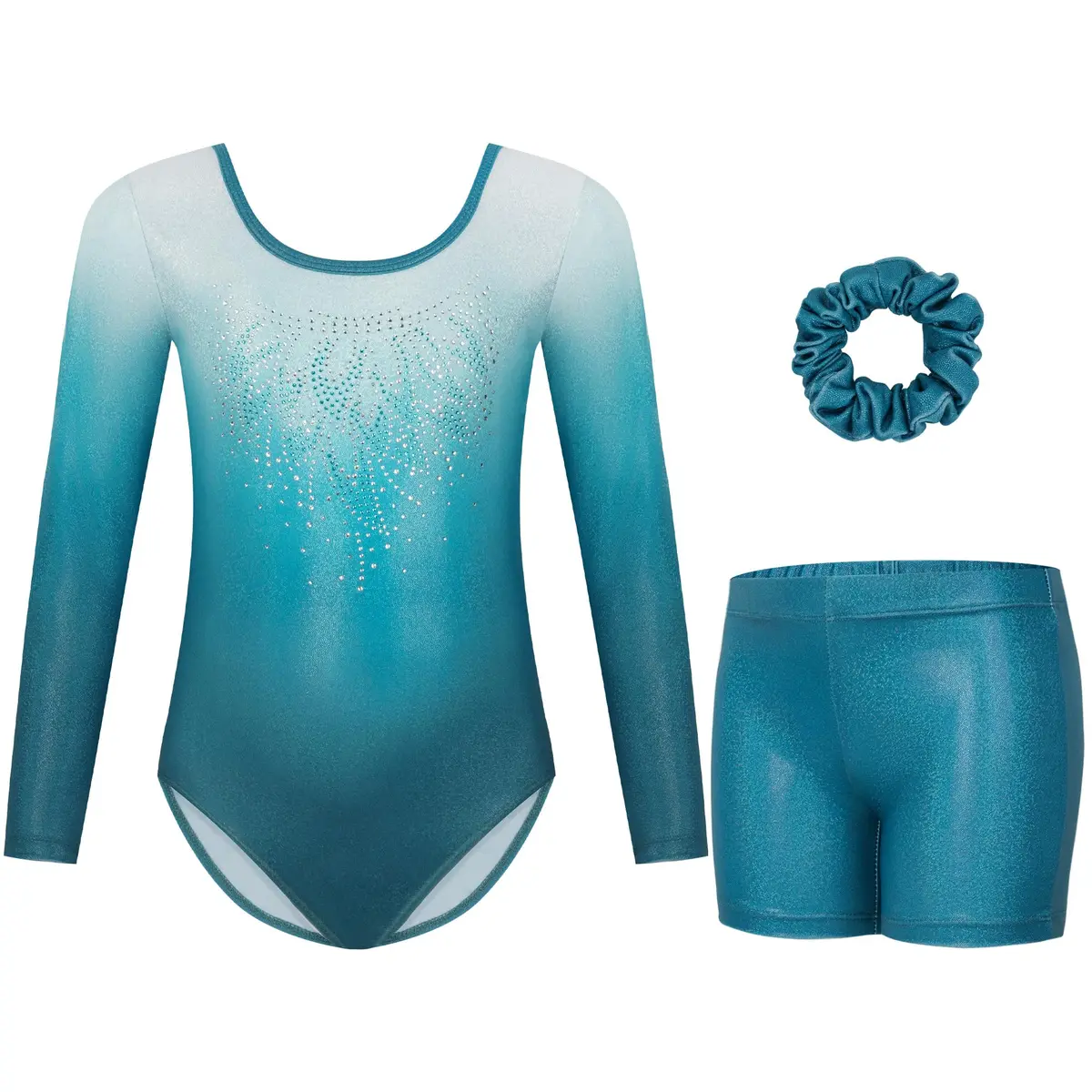 Gogokids Girls Long Sleeve 3-Piece Gymnastics Leotard Set with Shorts & Hairband, 90-150cm (3-12 Years) - main product image