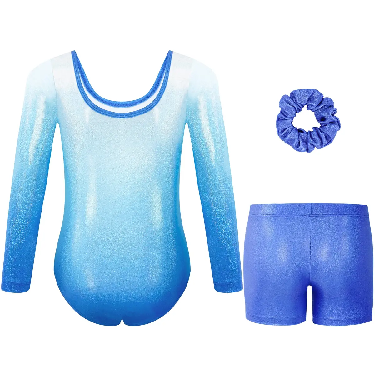 Gogokids Girls Long Sleeve 3 Pcs Gymnastics Leotard Set with Shorts | Breathable, Stretchy & Sparkling Rhinestones (70-120 chars) - view 2