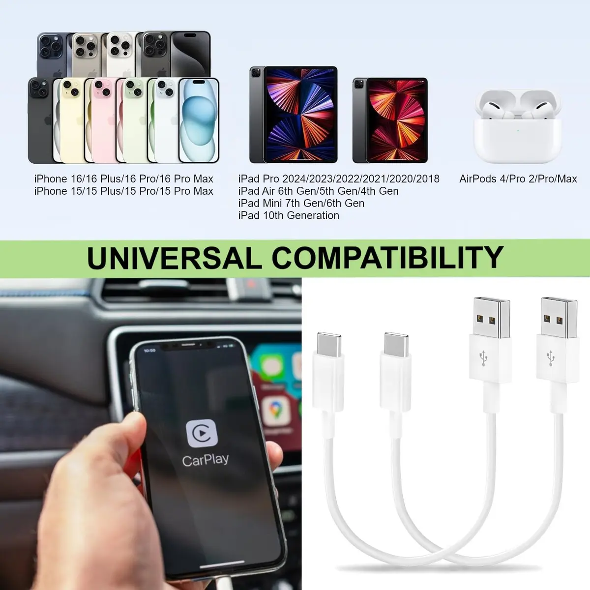 TOP-UP Short USB C Cable 1.15FT | 2 Pack, USB A to USB C CarPlay Cord, Fast Charging & Data Sync - view 7