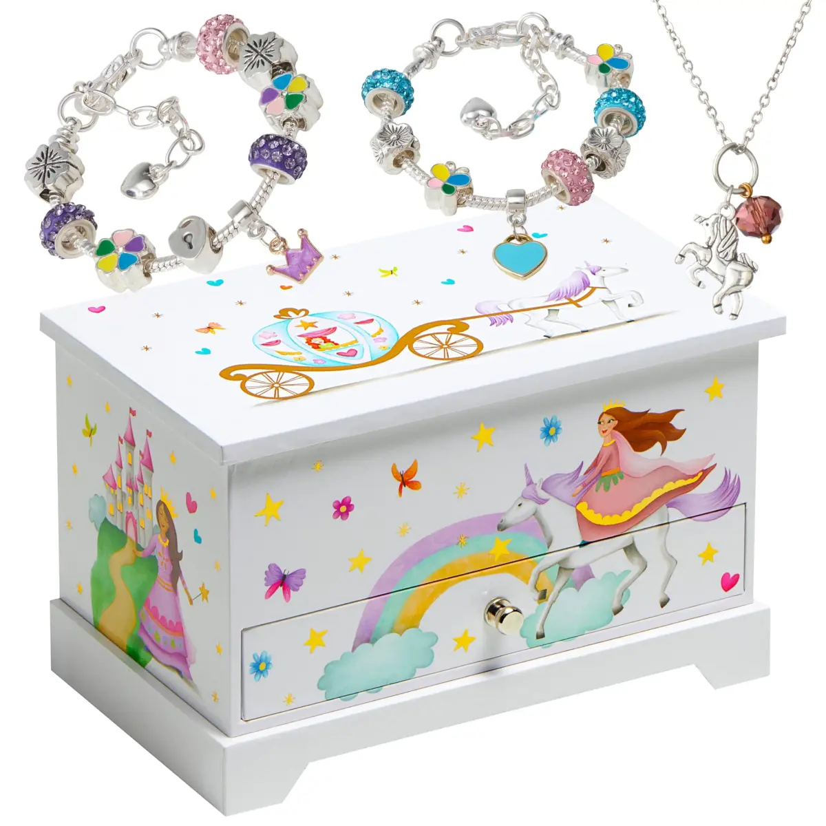ABI + OLIE Kids Musical Jewelry Box for Girls 8-12 - Princess Castle Unicorn Theme with Charm Bracelets & Necklace, 18.5cm x 11.4cm x 10.9cm - main product image