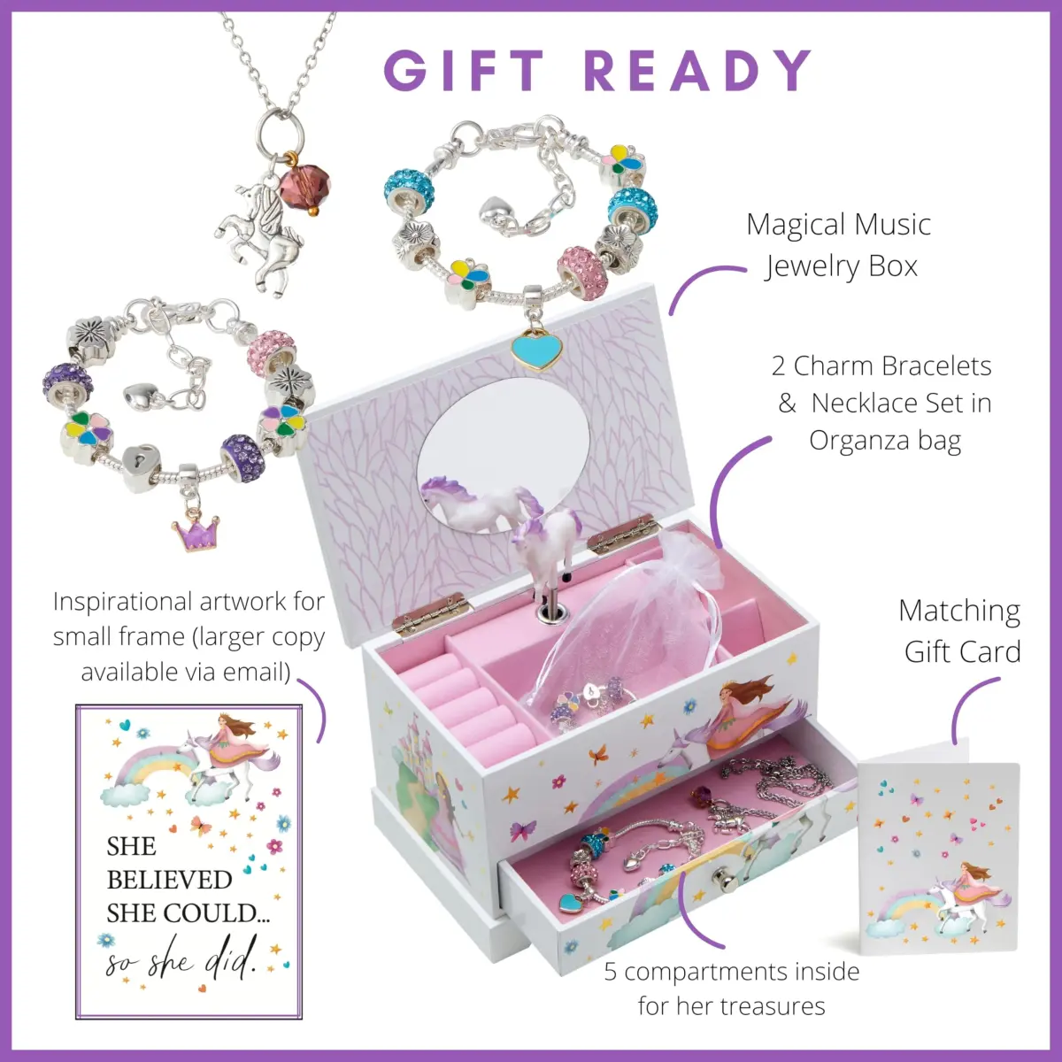 ABI + OLIE Kids Musical Jewelry Box for Girls 8-12 - Princess Castle Unicorn Theme with Charm Bracelets & Necklace, 18.5cm x 11.4cm x 10.9cm - view 2