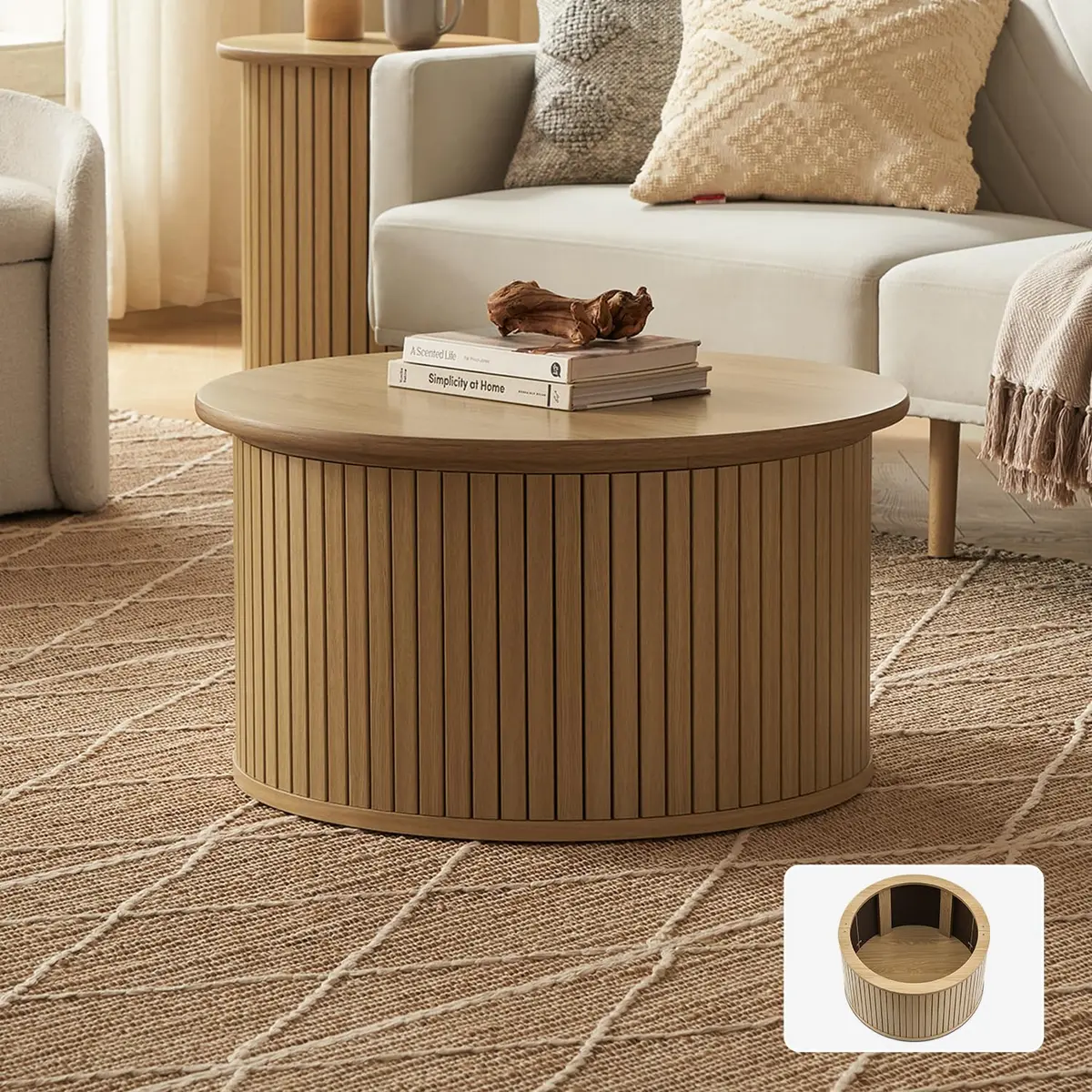mopio Quin Tambour Round Circle Coffee Table with Storage | Mid Century Modern Oak - main product image