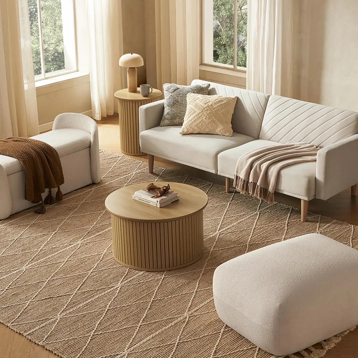 mopio Quin Tambour Round Circle Coffee Table with Storage | Mid Century Modern Oak - view 4