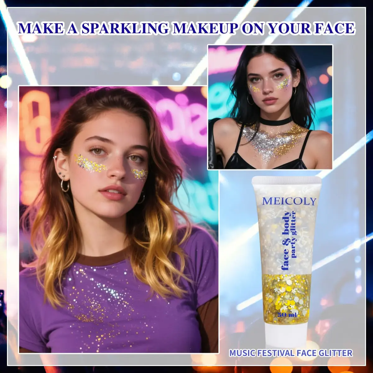 MEICOLY Face Glitter Makeup 50ml (1.76oz) | Holographic Gold Silver Purple Body Glitter for Music Festivals - view 2