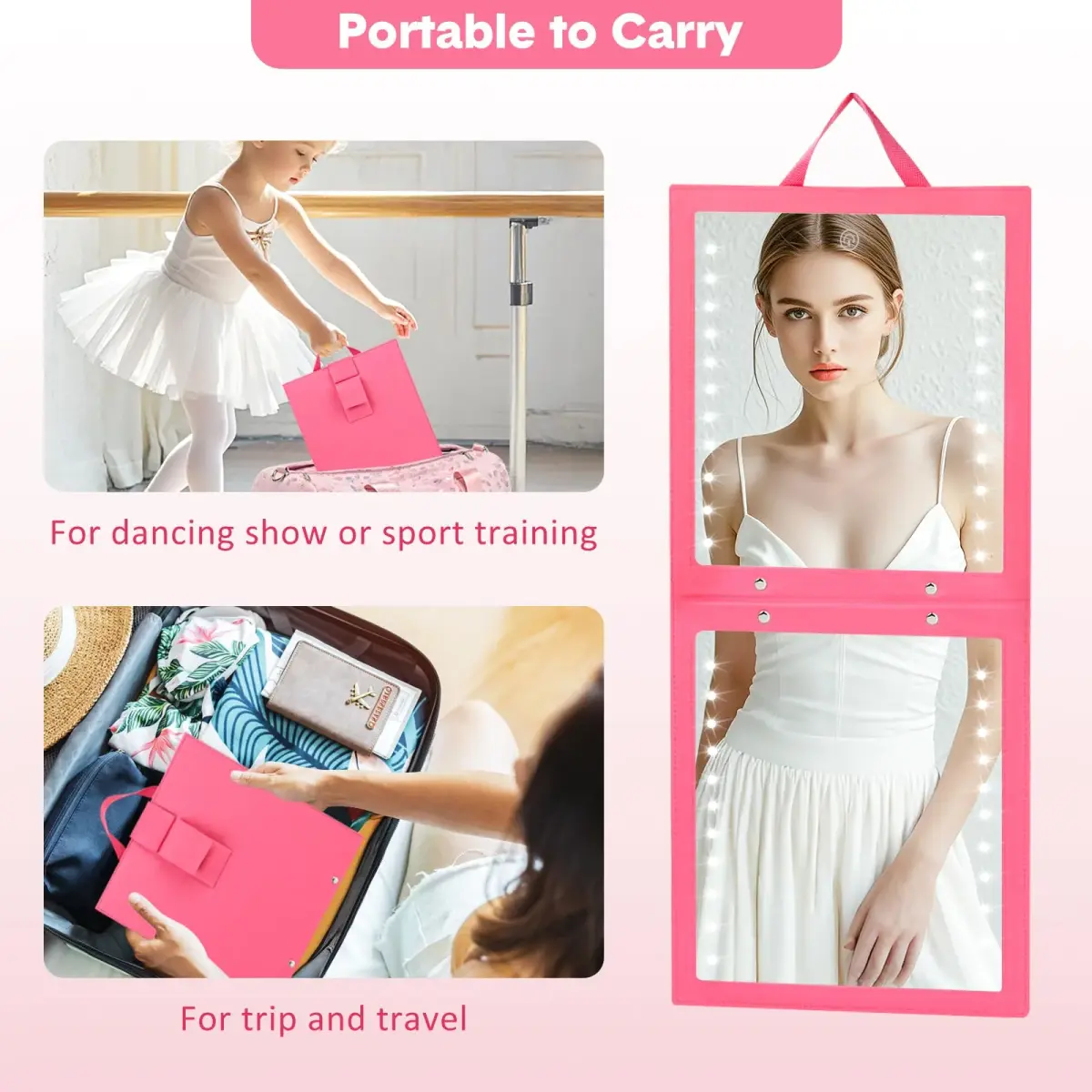 Fabuday Lighted Hanging Mirror for Dance Backstage - Rechargeable Folding LED Full Length Mirror with Lights, Berry (31.3cm H x 29.5cm W x 3.5cm D) - view 5